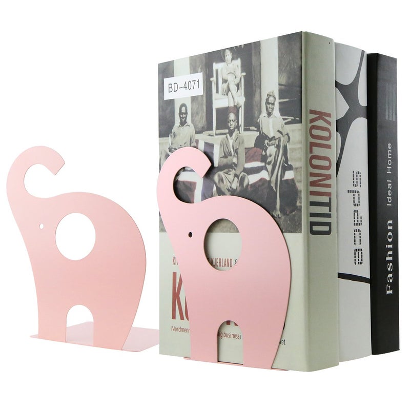 Apol Cartoon Elephant Pattern Book Organizer Cute Metal Bookends for Kids School Library Desk Study Home Office Decoration Gift (Pink) - Image 1